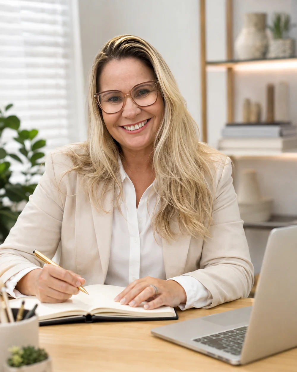 Marciana Amaral na escrivaninha do consultório