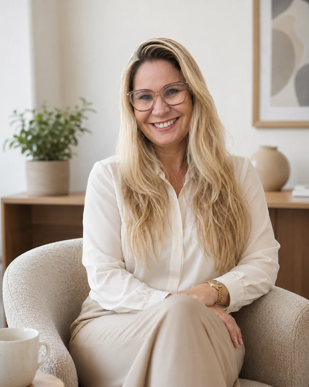 Marciana Amaral sentada na poltrona do consultório